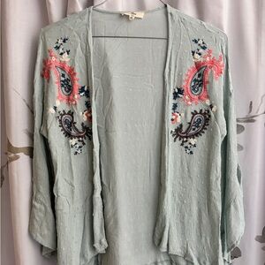 Light Sage Boho Embroidered Open Front cardigan